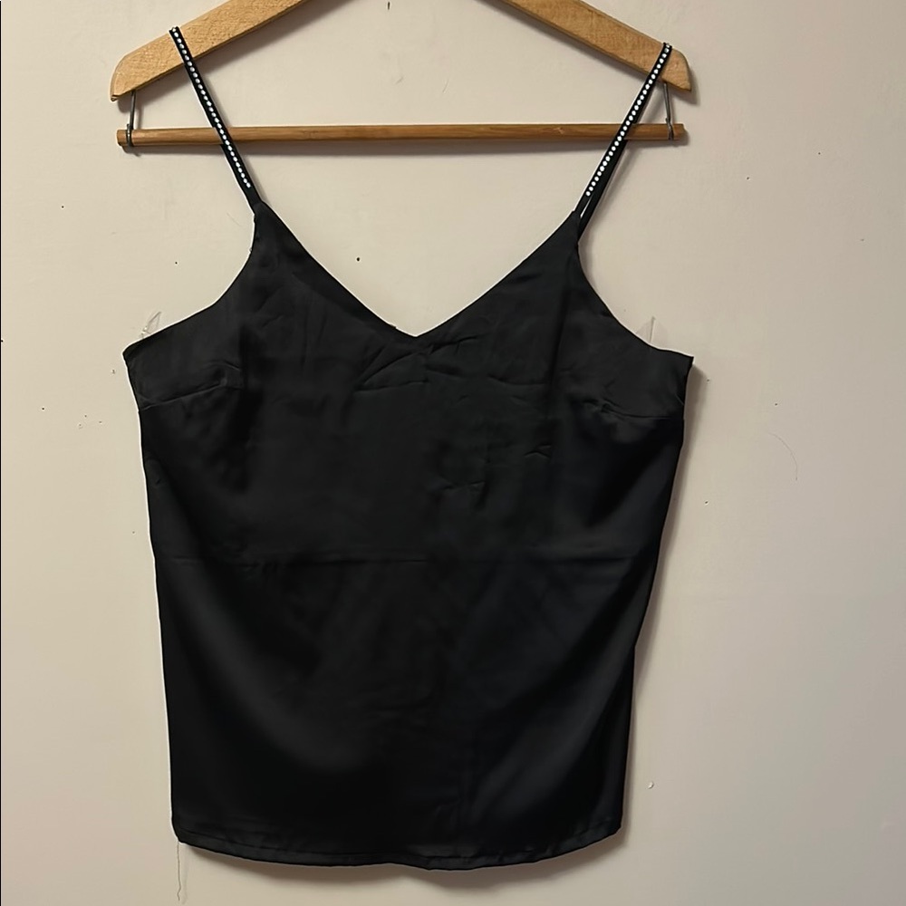 Nicole Miller black satin camisole beading on spaghetti strap size medium NWT